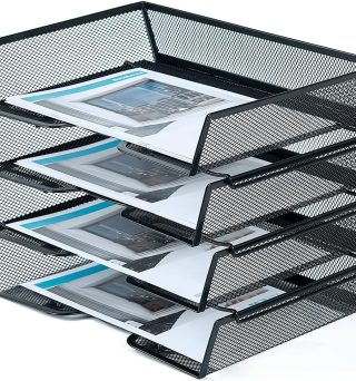 SETTFRFE 4 Tier Metal Mesh Desk Organizer-Stackable Letter Trays for Office Supplies,Black File Storage System with Reinforced Edges